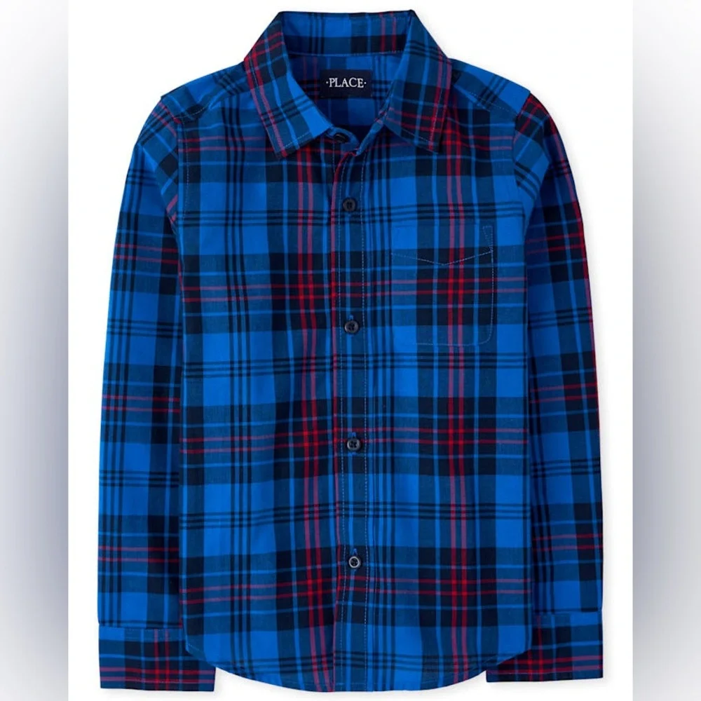 The Children’s Place Boys Plaid Poplin Button-Down Shirt – Blue (XXL / 16)